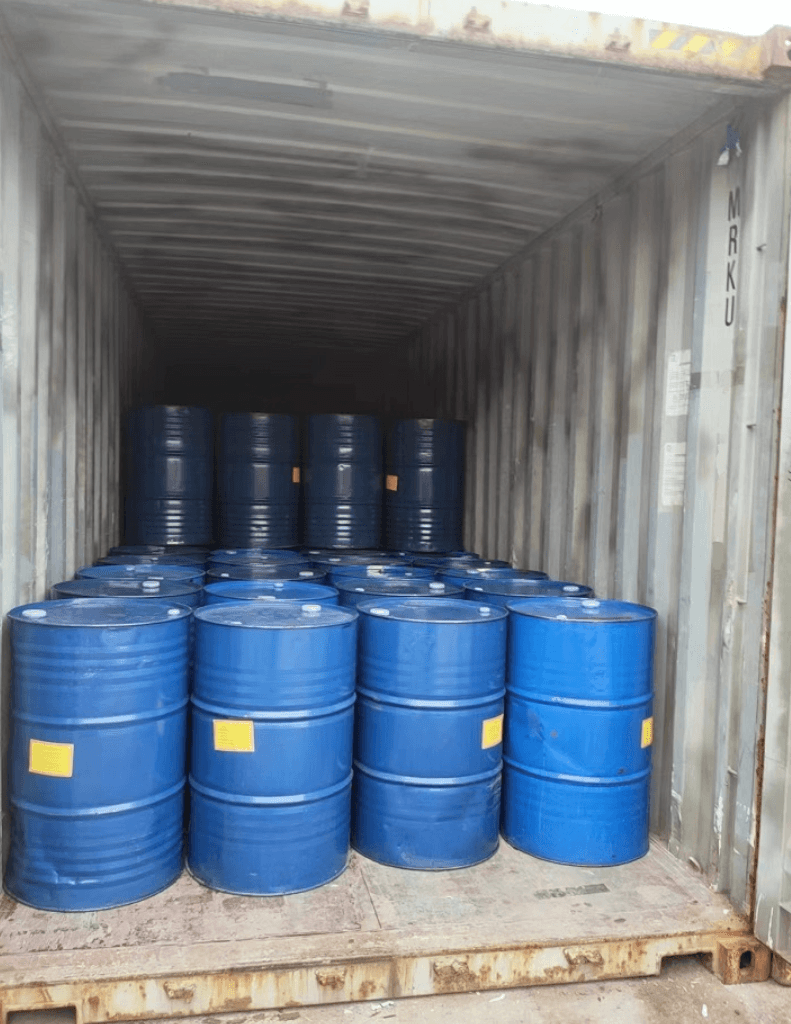 Steel drums loaded and secured inside a shipping container